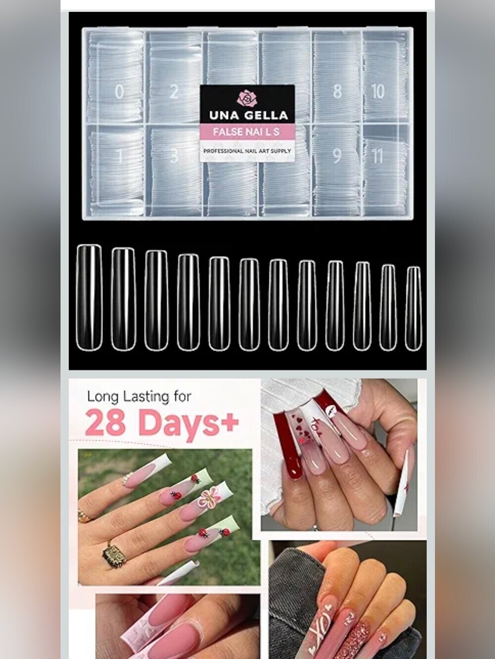 UNA GELLA Extra Long Tapered Sqaure Nail Tips Full Cover 504pcs No C Curve Clear